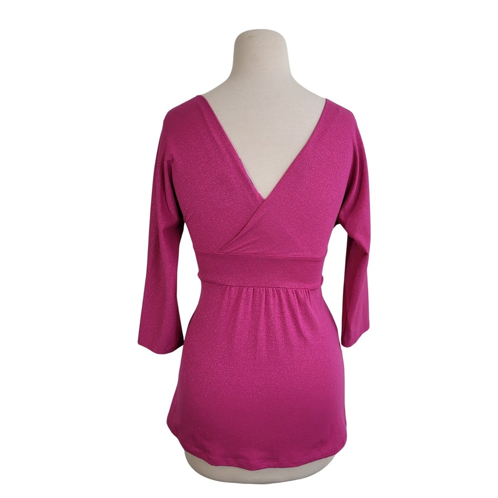 Y2K Express Pink Metallic Empire Waist V-Neck 3/4 Sleeve VBack Shimmer Top S New - Picture 4 of 9